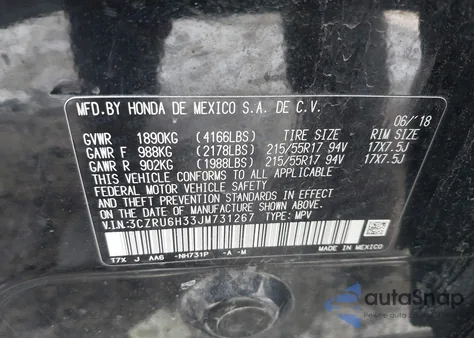 2018 Honda Hr-V Lx z USA, uszkodzony, nr VIN 3CZRU6H33JM731267